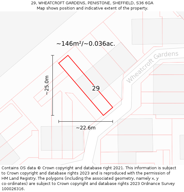 29, WHEATCROFT GARDENS, PENISTONE, SHEFFIELD, S36 6GA: Plot and title map