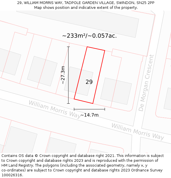 29, WILLIAM MORRIS WAY, TADPOLE GARDEN VILLAGE, SWINDON, SN25 2PP: Plot and title map