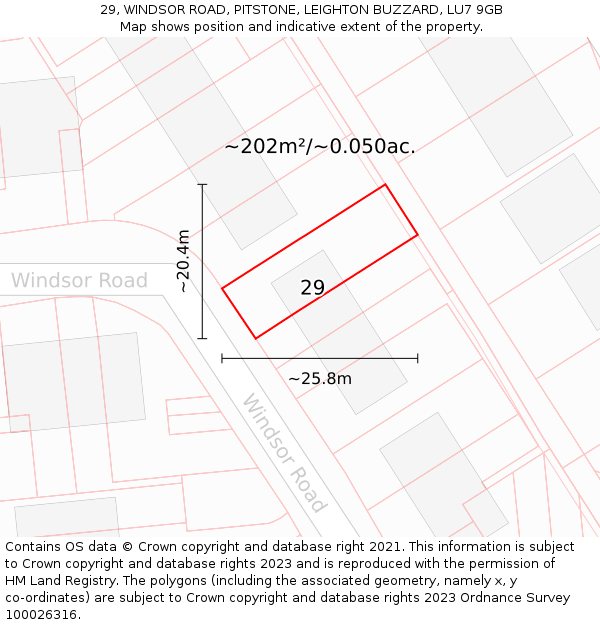 29, WINDSOR ROAD, PITSTONE, LEIGHTON BUZZARD, LU7 9GB: Plot and title map