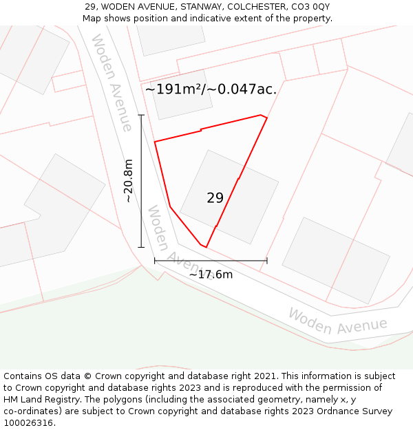 29, WODEN AVENUE, STANWAY, COLCHESTER, CO3 0QY: Plot and title map
