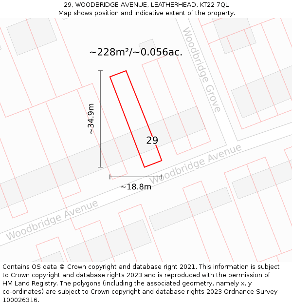 29, WOODBRIDGE AVENUE, LEATHERHEAD, KT22 7QL: Plot and title map