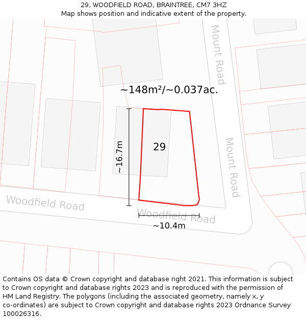 29, WOODFIELD ROAD, BRAINTREE, CM7 3HZ: Plot and title map