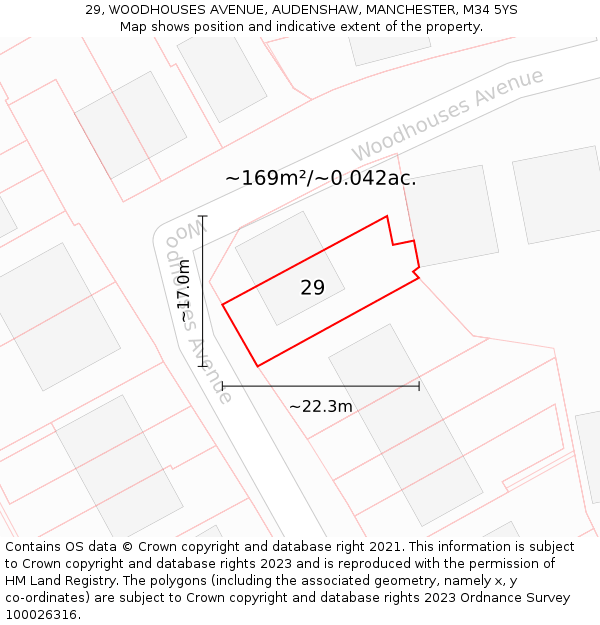 29, WOODHOUSES AVENUE, AUDENSHAW, MANCHESTER, M34 5YS: Plot and title map