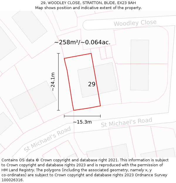 29, WOODLEY CLOSE, STRATTON, BUDE, EX23 9AH: Plot and title map