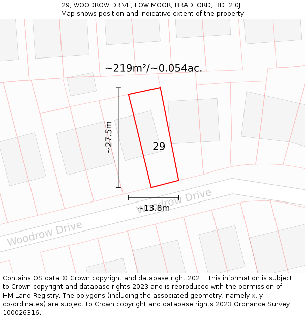 29, WOODROW DRIVE, LOW MOOR, BRADFORD, BD12 0JT: Plot and title map