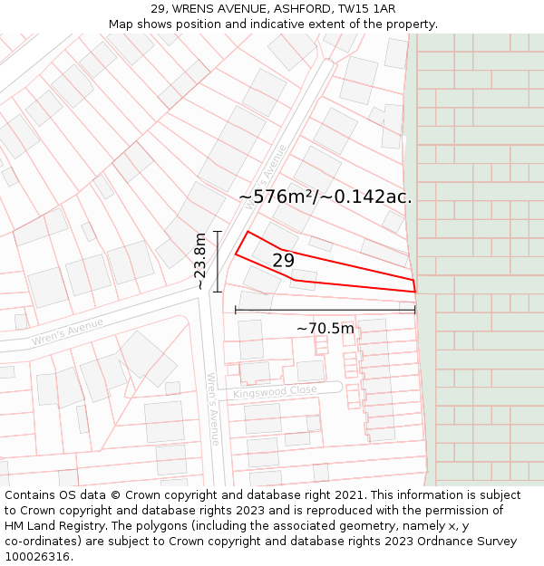 29, WRENS AVENUE, ASHFORD, TW15 1AR: Plot and title map