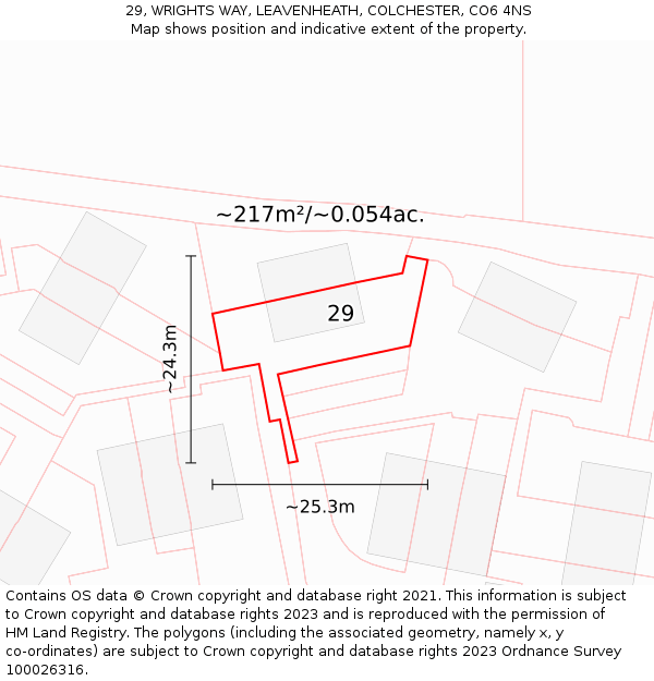 29, WRIGHTS WAY, LEAVENHEATH, COLCHESTER, CO6 4NS: Plot and title map