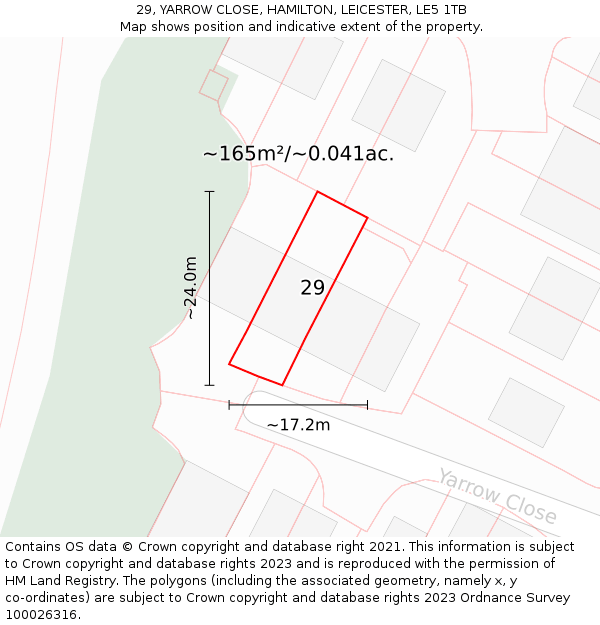 29, YARROW CLOSE, HAMILTON, LEICESTER, LE5 1TB: Plot and title map