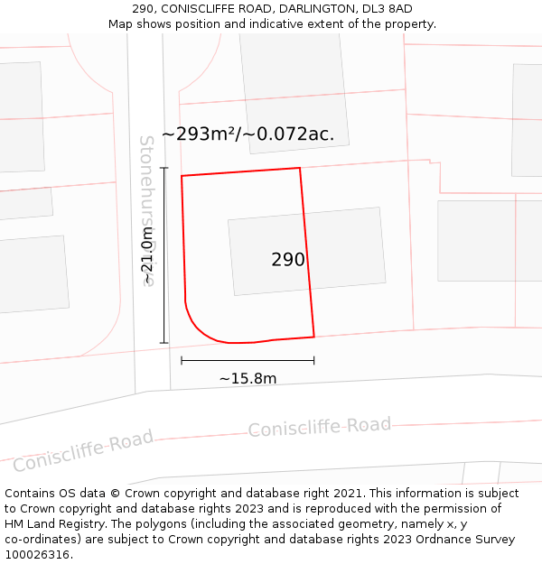 290, CONISCLIFFE ROAD, DARLINGTON, DL3 8AD: Plot and title map