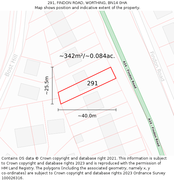 291, FINDON ROAD, WORTHING, BN14 0HA: Plot and title map