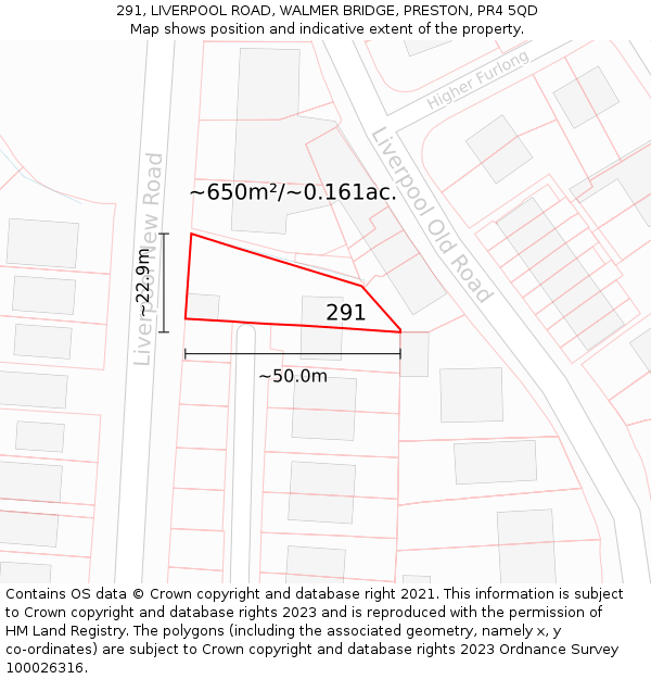 291, LIVERPOOL ROAD, WALMER BRIDGE, PRESTON, PR4 5QD: Plot and title map