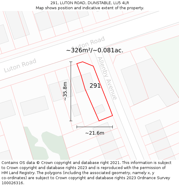 291, LUTON ROAD, DUNSTABLE, LU5 4LR: Plot and title map