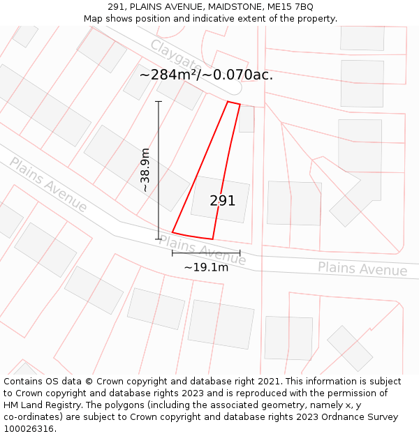 291, PLAINS AVENUE, MAIDSTONE, ME15 7BQ: Plot and title map