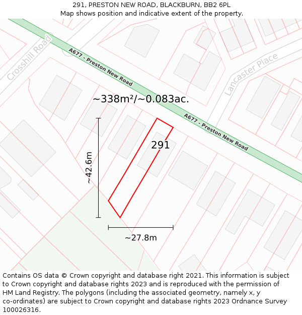 291, PRESTON NEW ROAD, BLACKBURN, BB2 6PL: Plot and title map