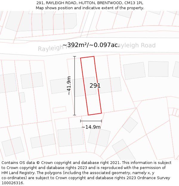 291, RAYLEIGH ROAD, HUTTON, BRENTWOOD, CM13 1PL: Plot and title map