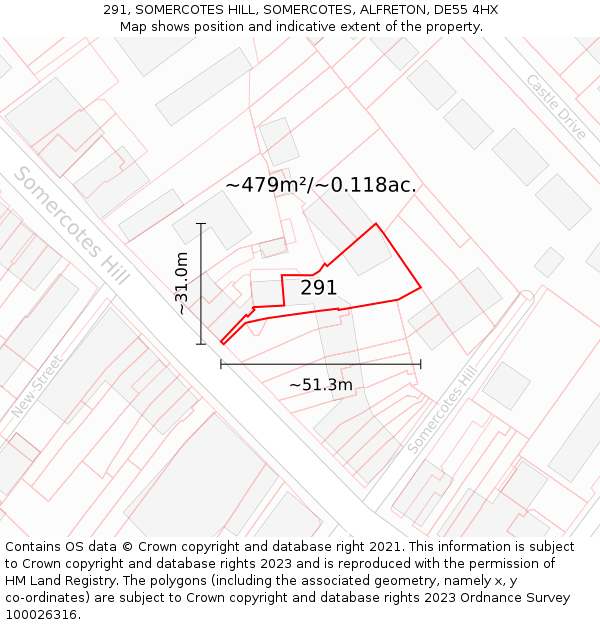 291, SOMERCOTES HILL, SOMERCOTES, ALFRETON, DE55 4HX: Plot and title map