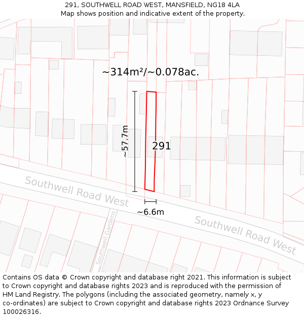 291, SOUTHWELL ROAD WEST, MANSFIELD, NG18 4LA: Plot and title map