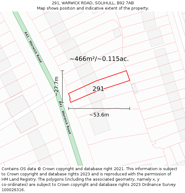 291, WARWICK ROAD, SOLIHULL, B92 7AB: Plot and title map