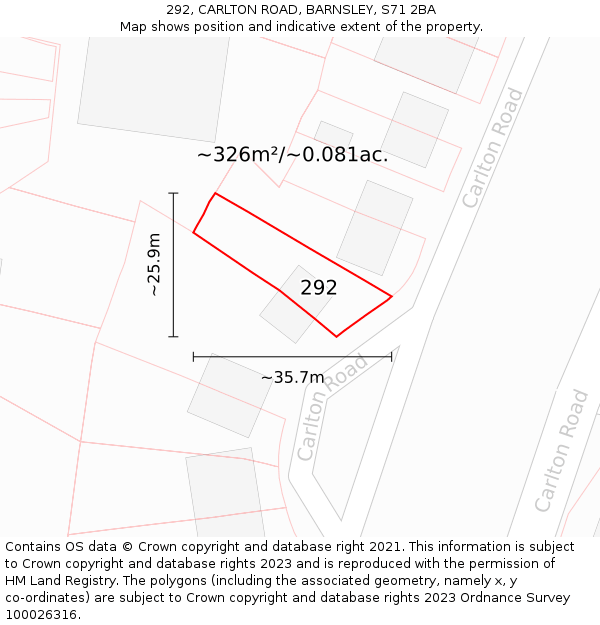 292, CARLTON ROAD, BARNSLEY, S71 2BA: Plot and title map