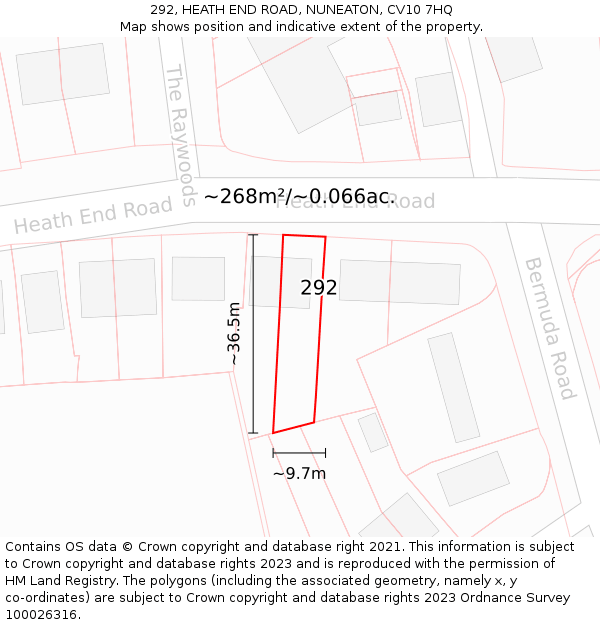 292, HEATH END ROAD, NUNEATON, CV10 7HQ: Plot and title map