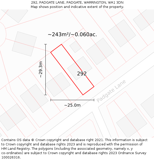 292, PADGATE LANE, PADGATE, WARRINGTON, WA1 3DN: Plot and title map