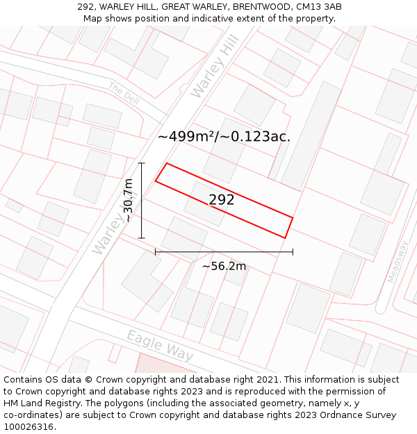 292, WARLEY HILL, GREAT WARLEY, BRENTWOOD, CM13 3AB: Plot and title map