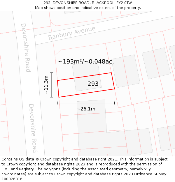 293, DEVONSHIRE ROAD, BLACKPOOL, FY2 0TW: Plot and title map