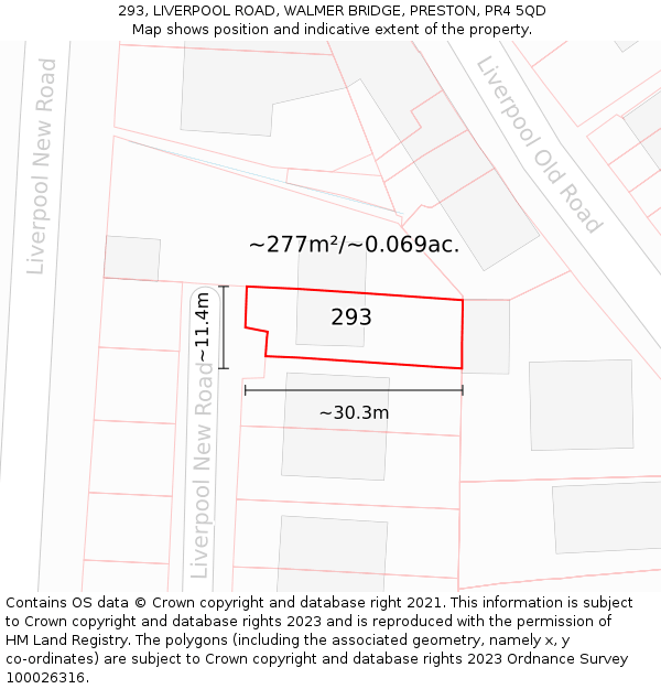 293, LIVERPOOL ROAD, WALMER BRIDGE, PRESTON, PR4 5QD: Plot and title map
