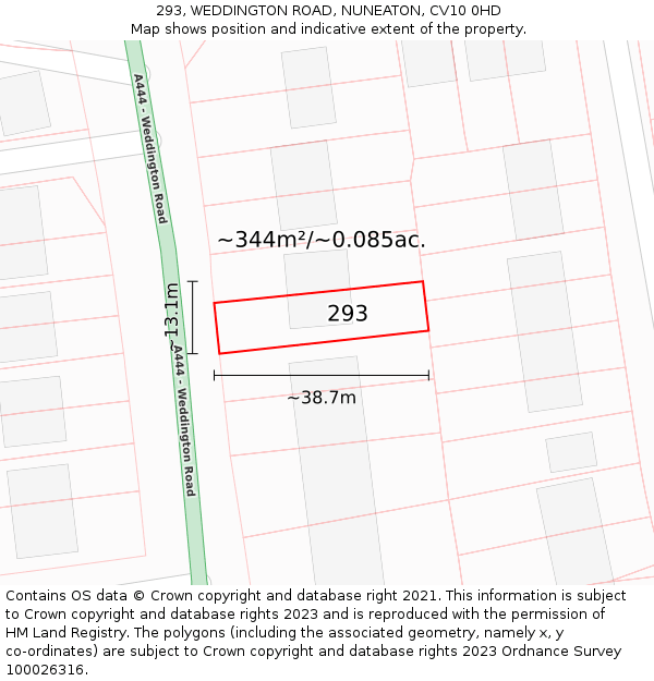 293, WEDDINGTON ROAD, NUNEATON, CV10 0HD: Plot and title map