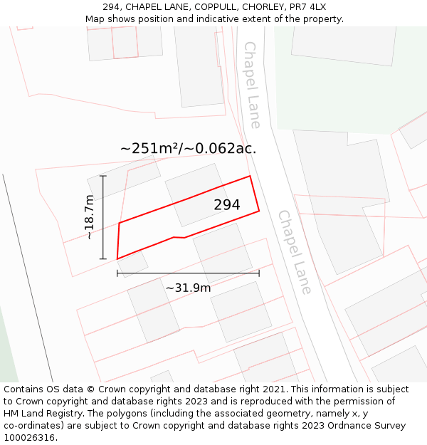 294, CHAPEL LANE, COPPULL, CHORLEY, PR7 4LX: Plot and title map