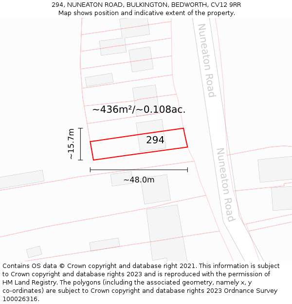 294, NUNEATON ROAD, BULKINGTON, BEDWORTH, CV12 9RR: Plot and title map