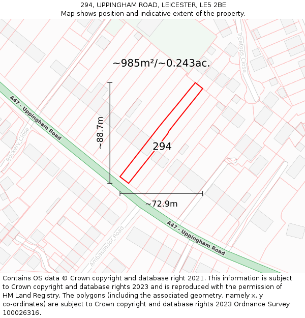 294, UPPINGHAM ROAD, LEICESTER, LE5 2BE: Plot and title map