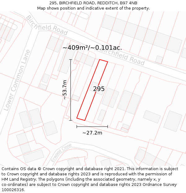 295, BIRCHFIELD ROAD, REDDITCH, B97 4NB: Plot and title map