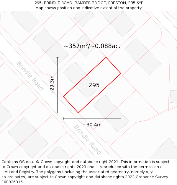 295, BRINDLE ROAD, BAMBER BRIDGE, PRESTON, PR5 6YP: Plot and title map