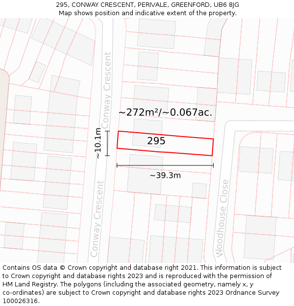295, CONWAY CRESCENT, PERIVALE, GREENFORD, UB6 8JG: Plot and title map