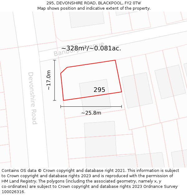 295, DEVONSHIRE ROAD, BLACKPOOL, FY2 0TW: Plot and title map