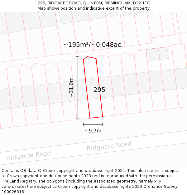 295, RIDGACRE ROAD, QUINTON, BIRMINGHAM, B32 1EG: Plot and title map