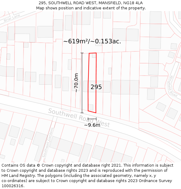 295, SOUTHWELL ROAD WEST, MANSFIELD, NG18 4LA: Plot and title map