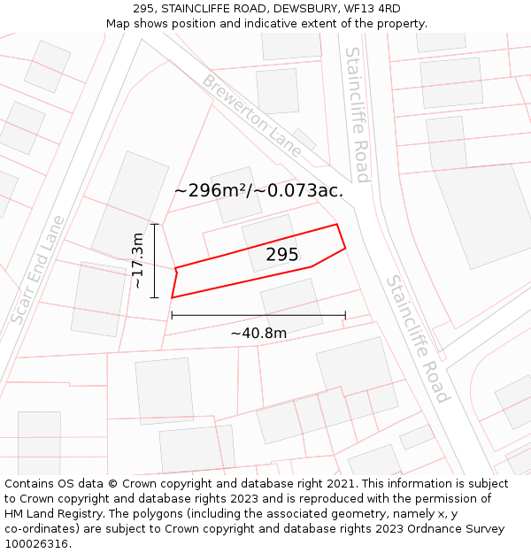 295, STAINCLIFFE ROAD, DEWSBURY, WF13 4RD: Plot and title map