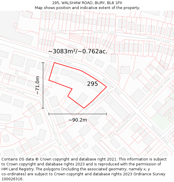 295, WALSHAW ROAD, BURY, BL8 1PX: Plot and title map