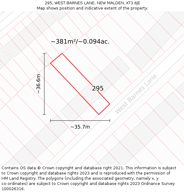295, WEST BARNES LANE, NEW MALDEN, KT3 6JE: Plot and title map