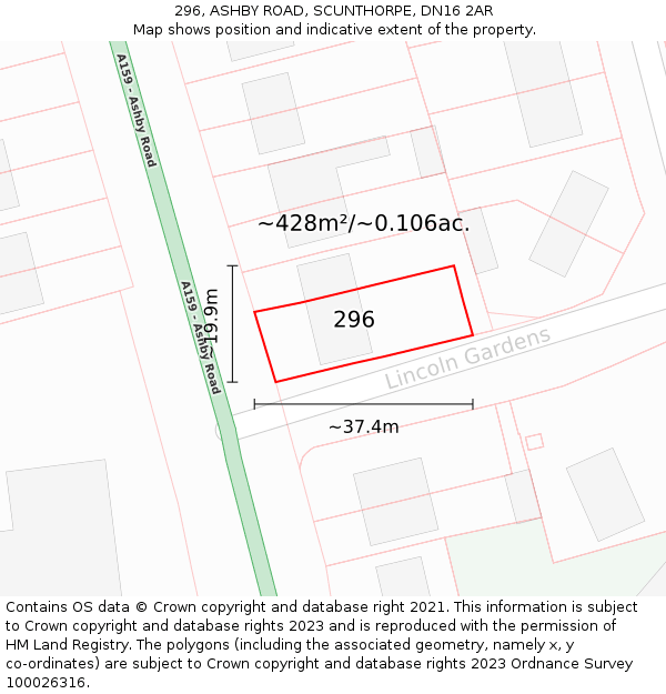 296, ASHBY ROAD, SCUNTHORPE, DN16 2AR: Plot and title map