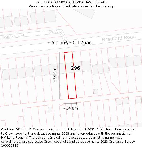 296, BRADFORD ROAD, BIRMINGHAM, B36 9AD: Plot and title map
