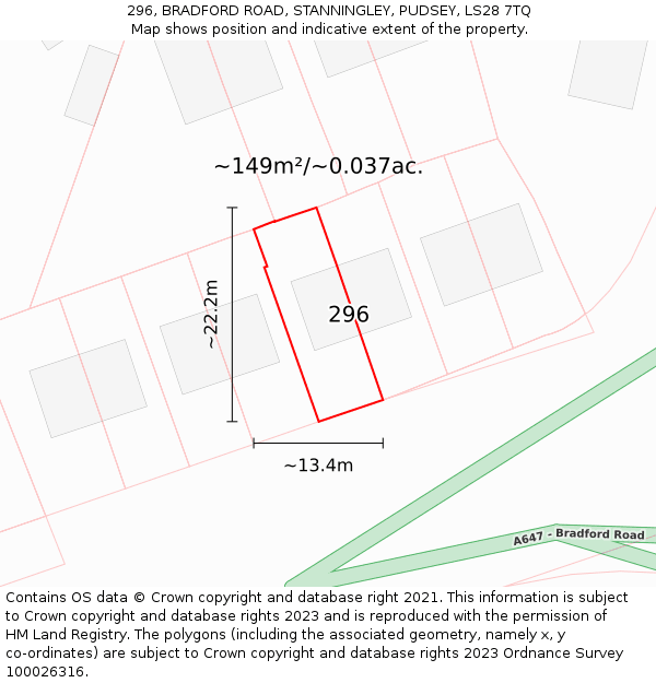 296, BRADFORD ROAD, STANNINGLEY, PUDSEY, LS28 7TQ: Plot and title map