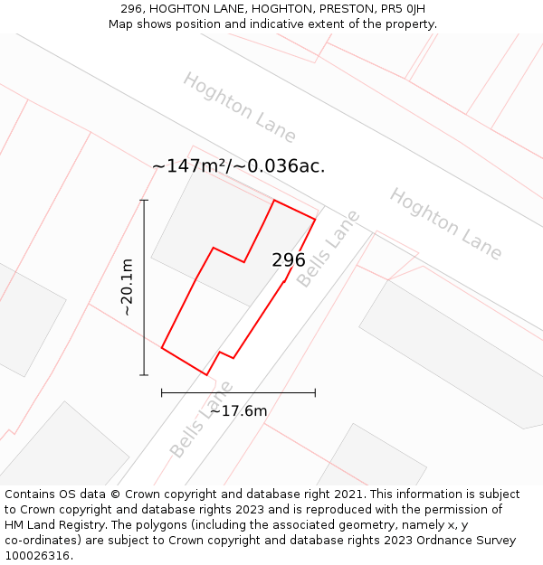 296, HOGHTON LANE, HOGHTON, PRESTON, PR5 0JH: Plot and title map