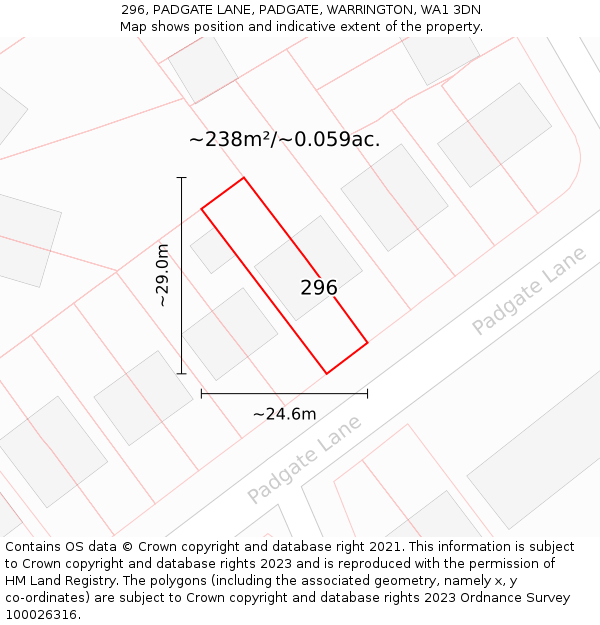 296, PADGATE LANE, PADGATE, WARRINGTON, WA1 3DN: Plot and title map