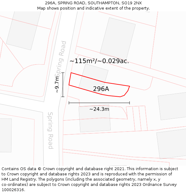 296A, SPRING ROAD, SOUTHAMPTON, SO19 2NX: Plot and title map