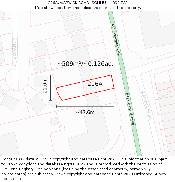 296A, WARWICK ROAD, SOLIHULL, B92 7AF: Plot and title map