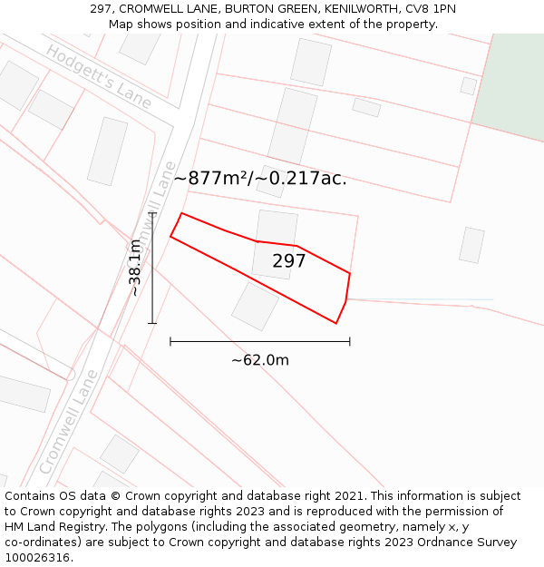 297, CROMWELL LANE, BURTON GREEN, KENILWORTH, CV8 1PN: Plot and title map