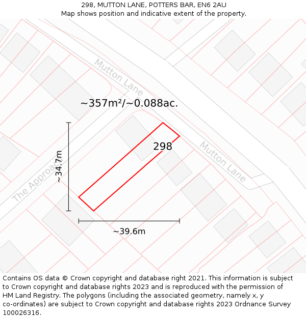298, MUTTON LANE, POTTERS BAR, EN6 2AU: Plot and title map